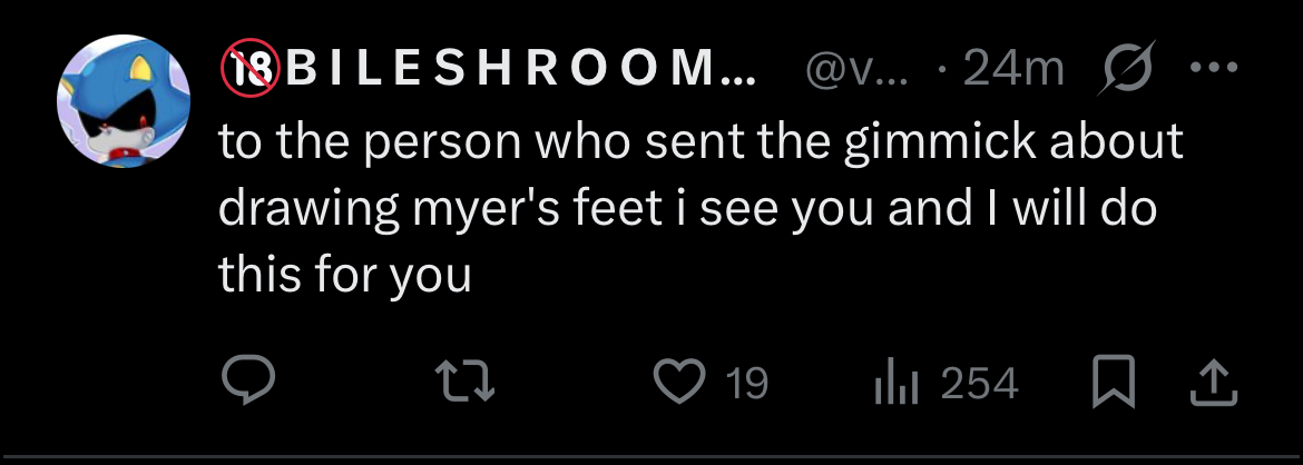 Tweet by @vileshroom: to the person who sent the gimmick about drawing myer's feet i see you and I will do this for you